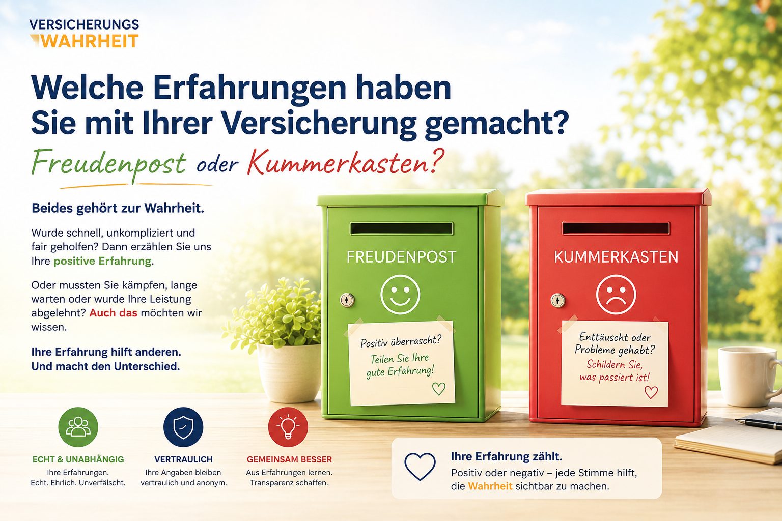 Zwei Briefkästen auf einem sonnigen Schreibtisch: ein grüner mit der Aufschrift Freudenpost und ein roter mit der Aufschrift Kummerkasten. Überschrift: Welche Erfahrungen haben Sie mit Ihrer Versicherung gemacht? Beides gehört zur Wahrheit.